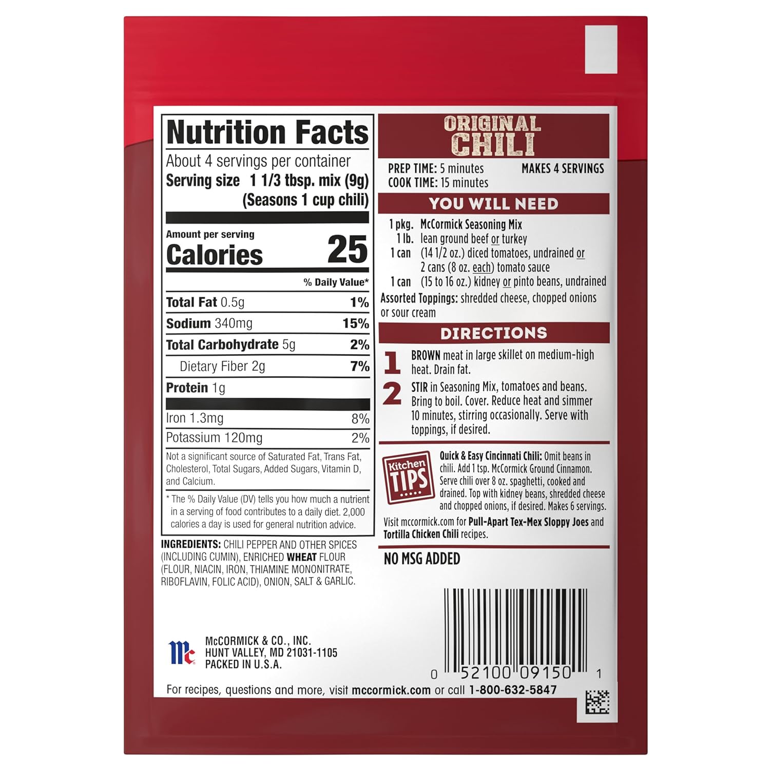 McCormick Original Chili Seasoning Mix for Quick Weeknight Family Dinners, 1.25 oz Packet