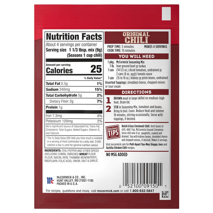 McCormick Original Chili Seasoning Mix for Quick Weeknight Family Dinners, 1.25 oz Packet