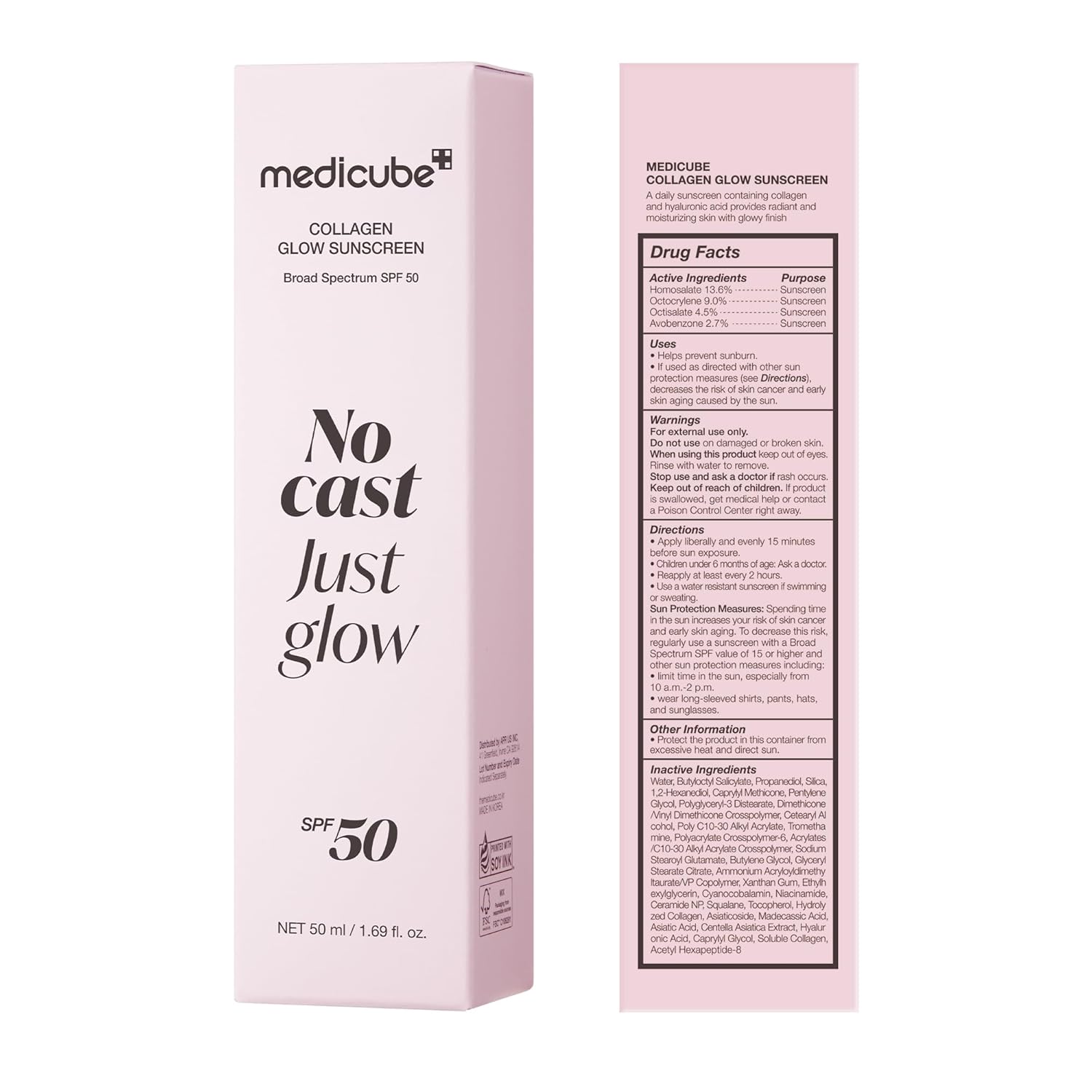 medicube No Cast Just Glow Collagen Sunscreen – Commute-Ready SPF 50, Sweat-Resistant Daily Defense for Outdoor Errands and Travel