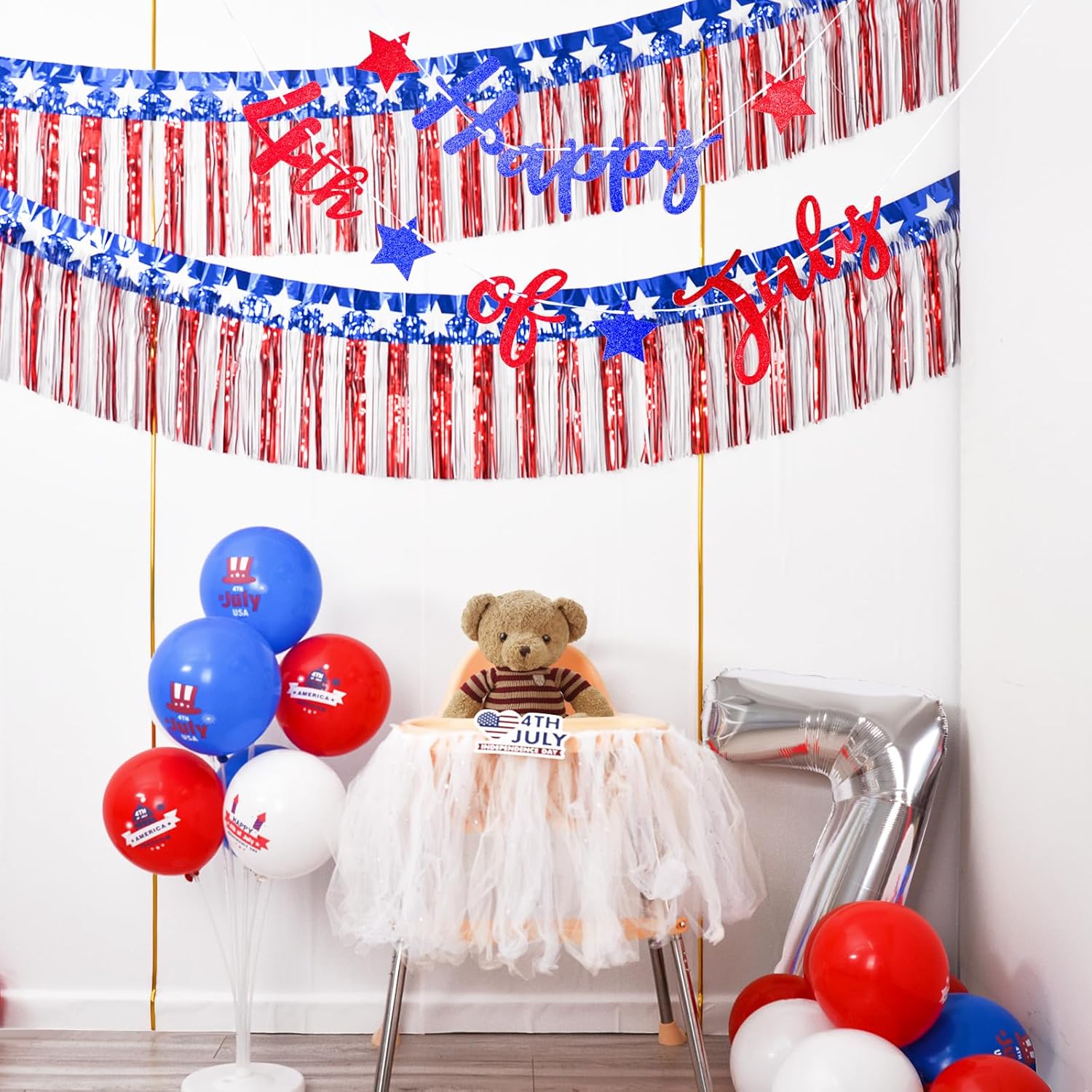 Mega-L Patriotic Foil Garland – Red White Blue Metallic Backdrop for Living Room & Entryway Elegance