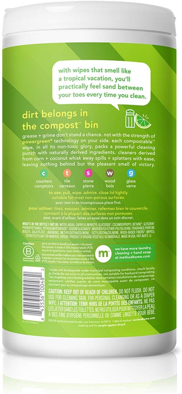 Method Lime & Sea Salt Plant-Based Wipes for Family-Safe Cleanup, Non-Toxic Surfaces Around Kids and Food Prep