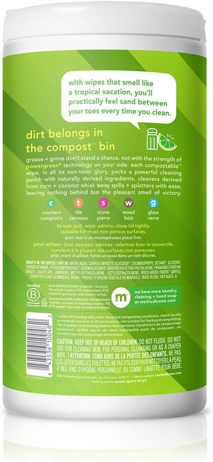 Method Lime & Sea Salt Plant-Based Wipes for Family-Safe Cleanup, Non-Toxic Surfaces Around Kids and Food Prep