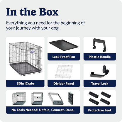 MidWest iCrate 30-Inch Heavy-Duty Wire Crate with Safety Latch, Escape-Proof Kennel for Anxious Medium-Breed Dogs