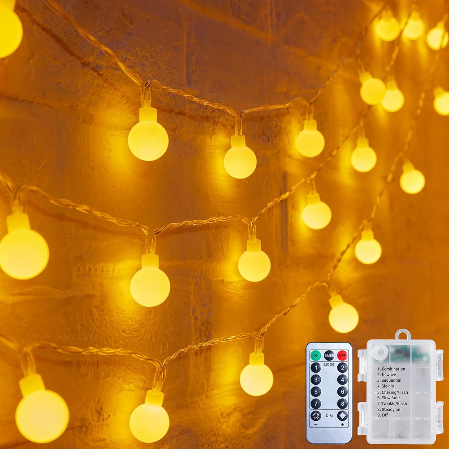 Minetom Battery Operated Globe String Lights – Clean Warm White LED Glow for Scandinavian Bedroom & Neutral Interiors
