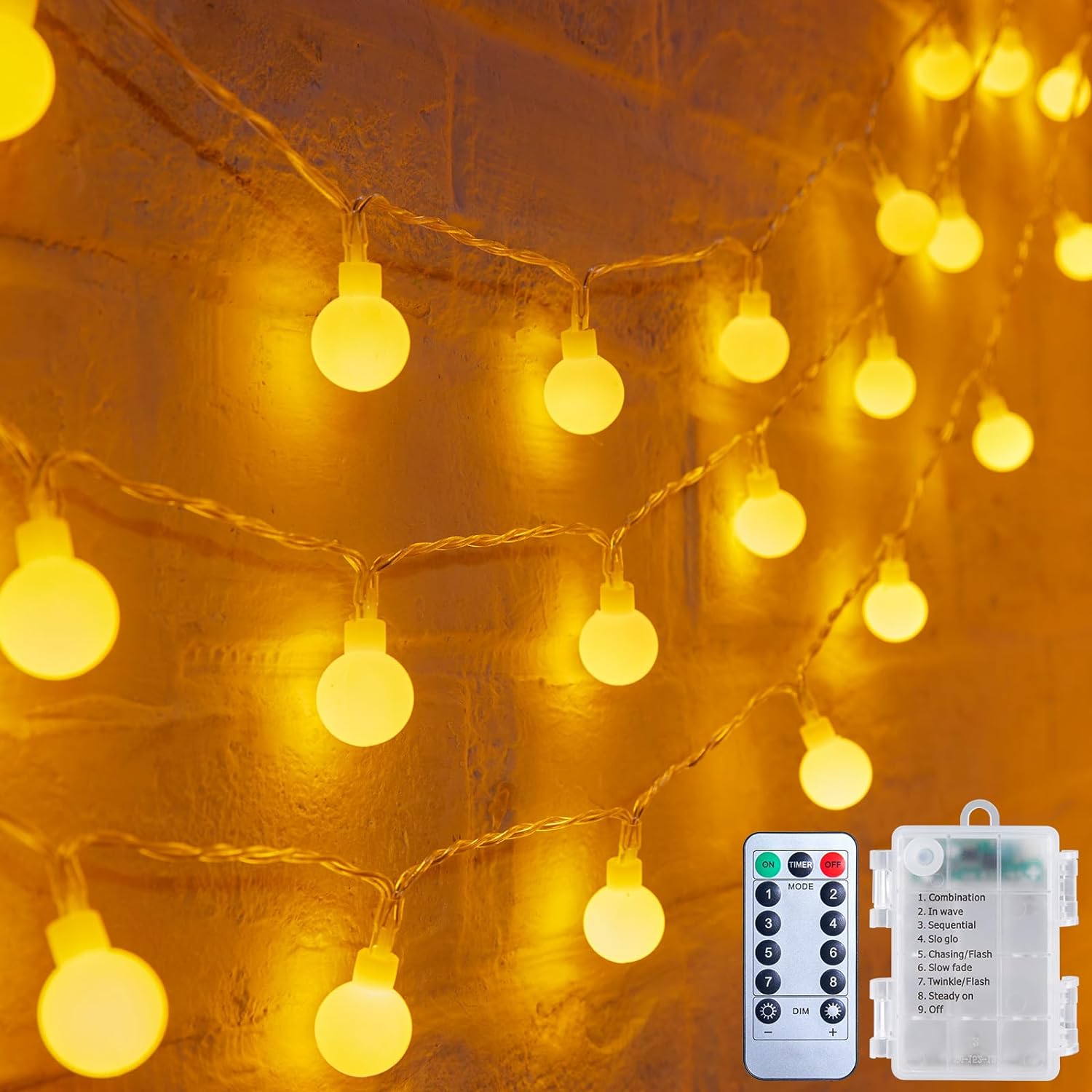 Minetom Battery Operated Globe String Lights – Clean Warm White LED Glow for Scandinavian Bedroom & Neutral Interiors
