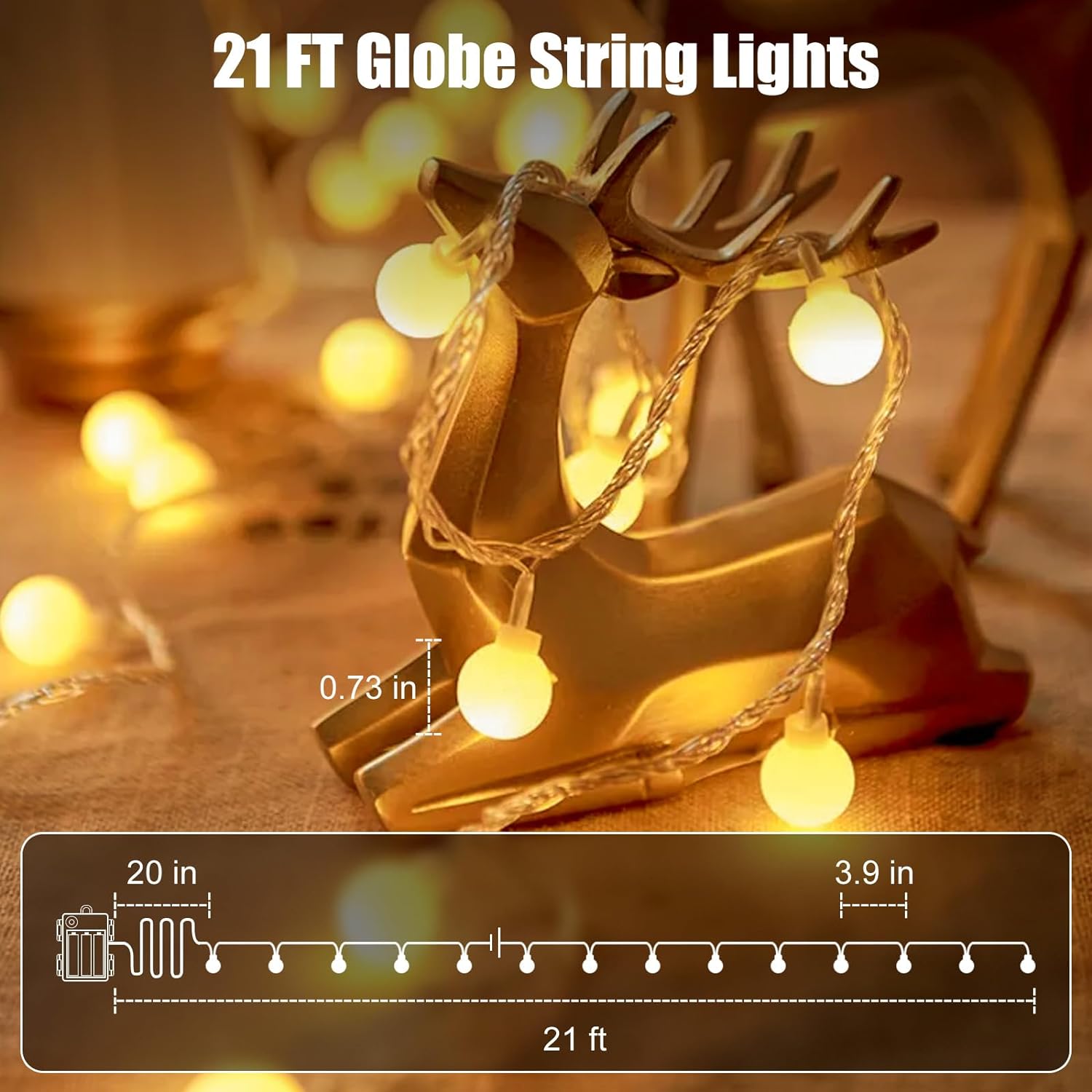 Minetom Battery Operated Globe String Lights – Clean Warm White LED Glow for Scandinavian Bedroom & Neutral Interiors