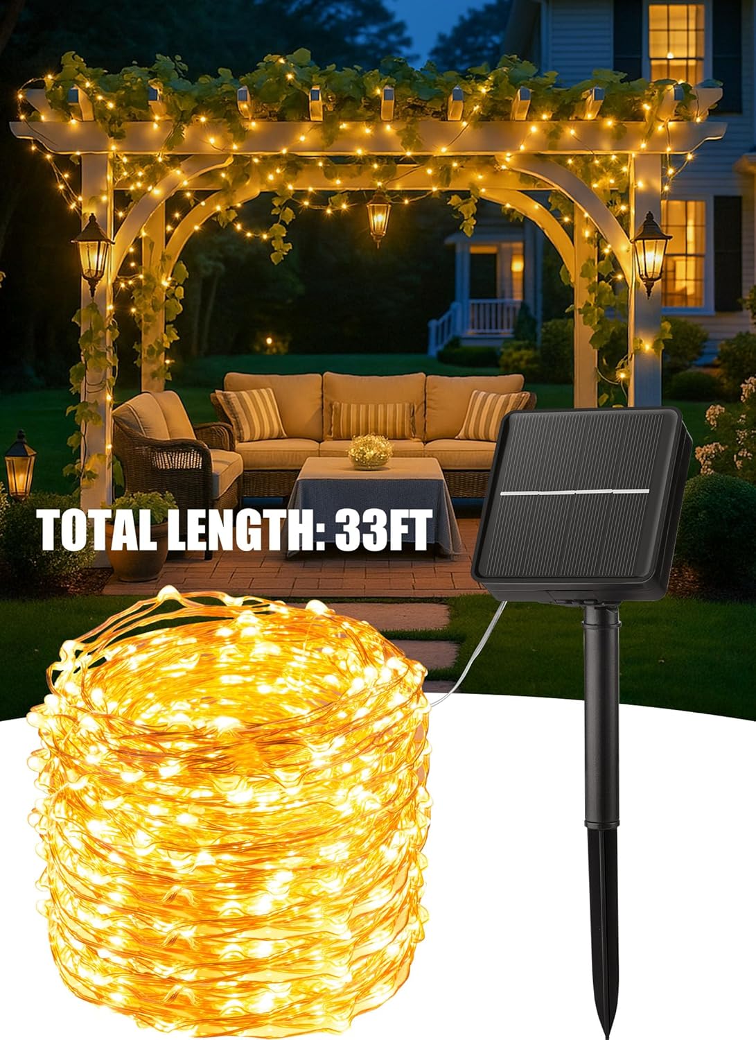Minetom Solar Patio Lights, 100 LED 33Ft Dusk to Dawn Outdoor String Lights for Garden Pergola and Porch