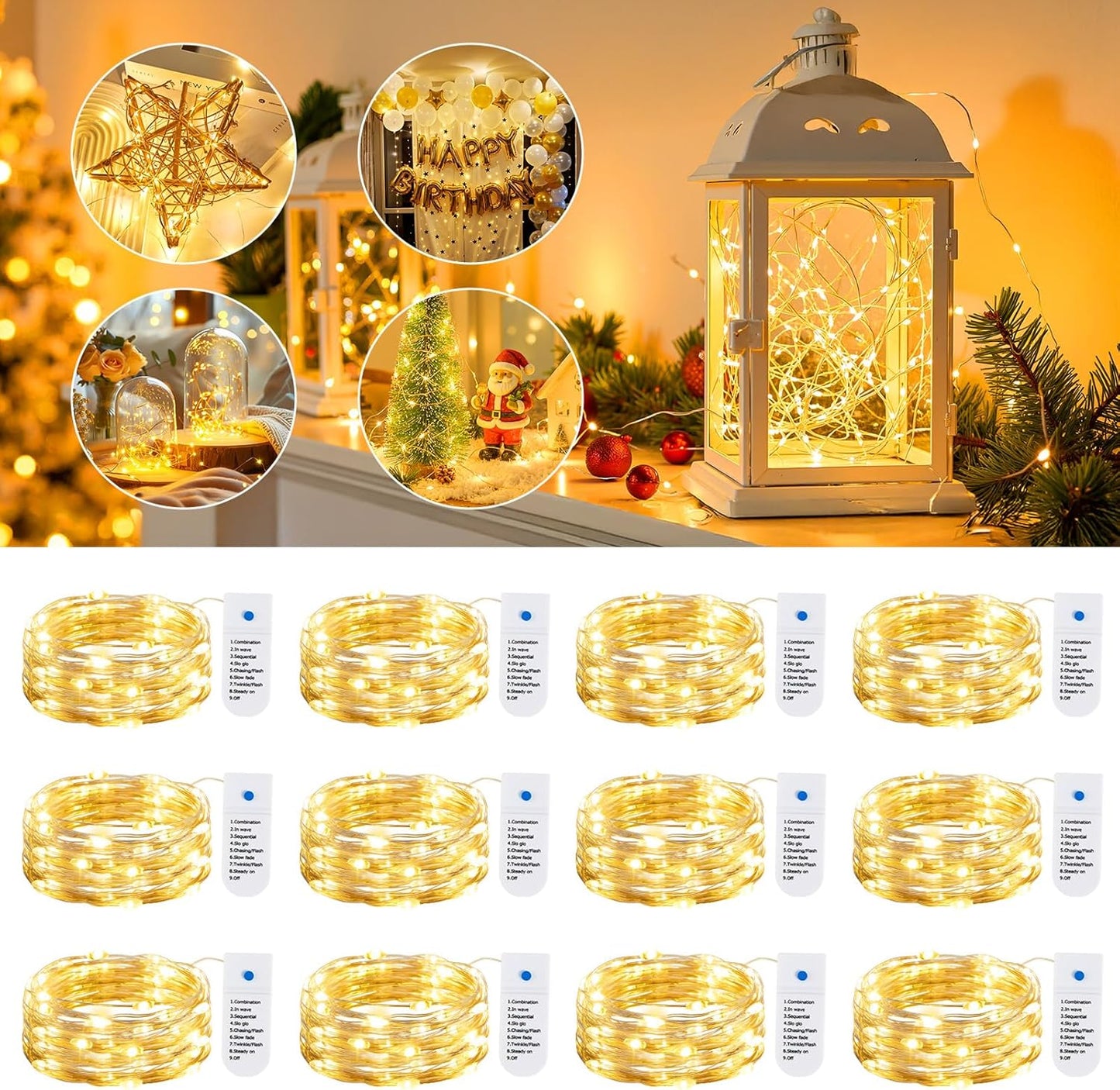 Minetom Waterproof Fairy Lights 12 Pack – Patio and Balcony String Lights, IP65 Silver Wire 7ft Battery Operated with Timer