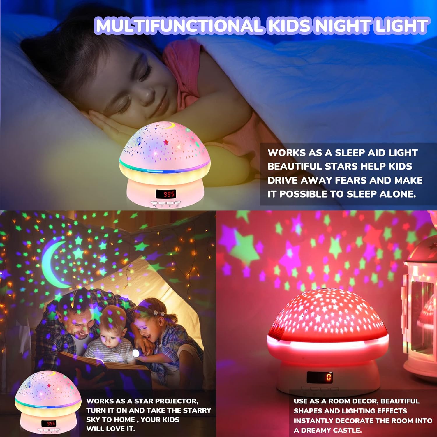 MINGKIDS Star Night Light Projector – Flameless LED Night Light for Kids Room, Auto Shutoff and Cool-to-Touch Surface