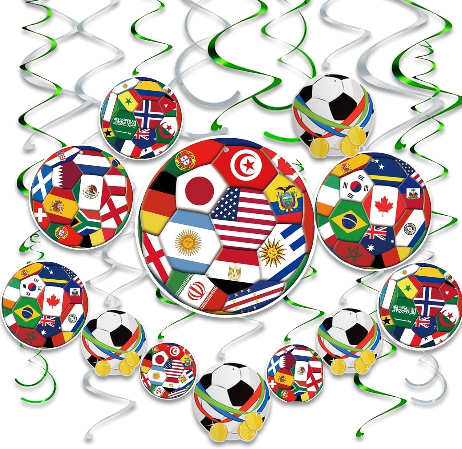 mixed 24-piece set containing 8 flag swirls, 4 soccer swirls, 6 silver double swirls, and 6 green double swirls