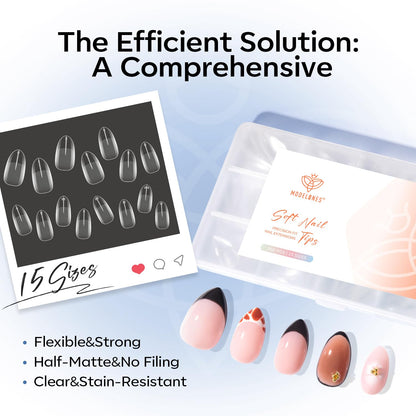 modelones Short Almond Nail Tips – Salon Workflow Upgrade for Nail Technicians, 360 Pre-Etched Tips in 15 Sizes