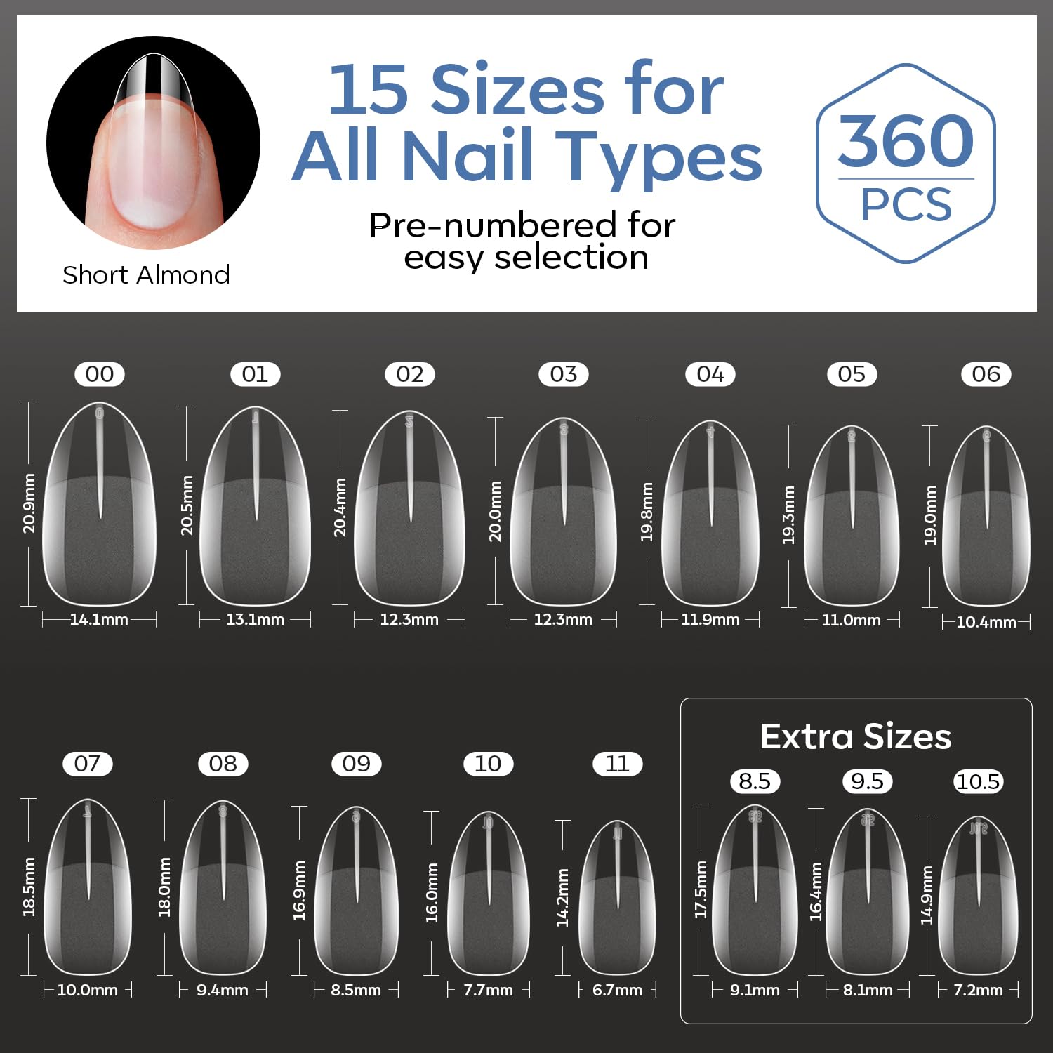 modelones Short Almond Nail Tips – Salon Workflow Upgrade for Nail Technicians, 360 Pre-Etched Tips in 15 Sizes