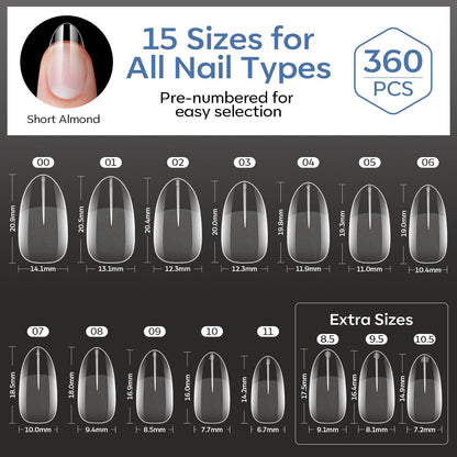 modelones Short Almond Nail Tips – Salon Workflow Upgrade for Nail Technicians, 360 Pre-Etched Tips in 15 Sizes