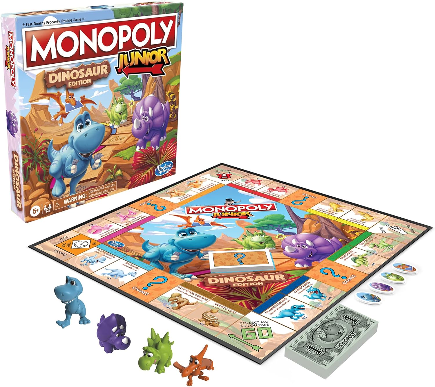 Monopoly Junior Dinosaur Board Game, Birthday Gift for Kids Ages 5+ Who Love Dinosaurs