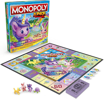 Monopoly Junior Unicorn Edition Board Game – Safe Indoor Play Activity for Kids Ages 5-8 in Playroom and Bedroom