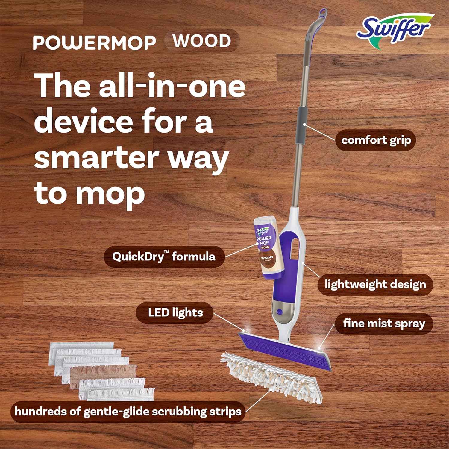 mop pads with hundreds of gentle-glide strips that absorb and lock dirt and grime