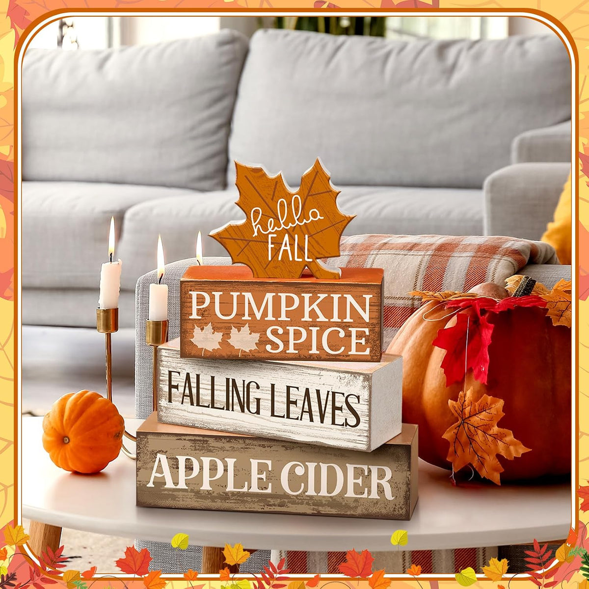 Moucuny Hello Fall Maple Leaf Wooden Sign and Book Stack Set – Thoughtful Autumn Hostess Gift and Thanksgiving Dinner Present for Her