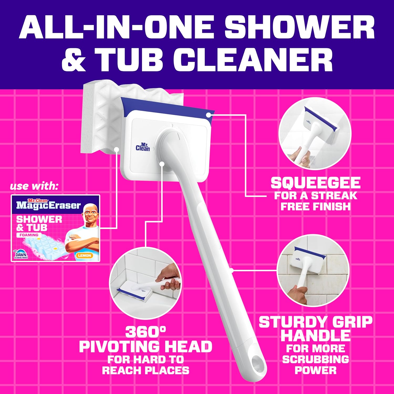 Mr. Clean Magic Eraser Shower & Tub Scrubber for Busy Professionals, Soap Scum and Hard-Water Stain Remover for Master and Guest Bathrooms