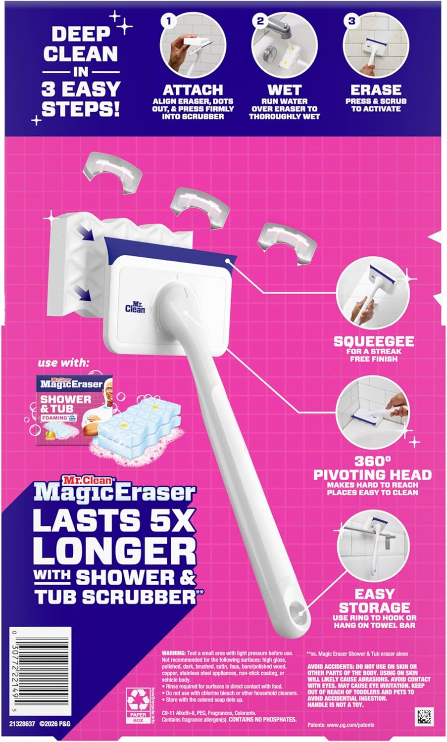 Mr. Clean Magic Eraser Shower & Tub Scrubber for Busy Professionals, Soap Scum and Hard-Water Stain Remover for Master and Guest Bathrooms