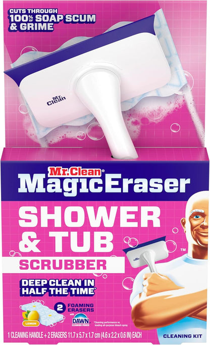 Mr. Clean Magic Eraser Shower & Tub Scrubber with No-Kneel Extendable Handle, Safer Bathroom Cleaning for Seniors and Joint-Pain Sufferers