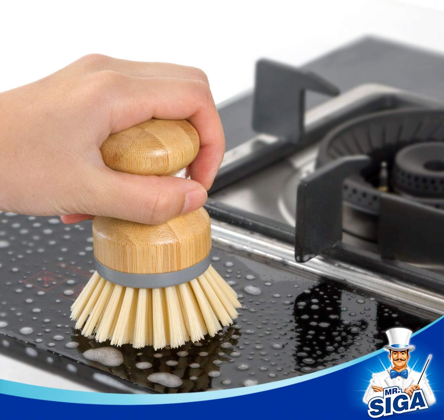 MR.SIGA Bamboo Palm Brush – Neutral Gray Scrub Brush for Clutter-Free Bathroom Counters, Surface Cleaning