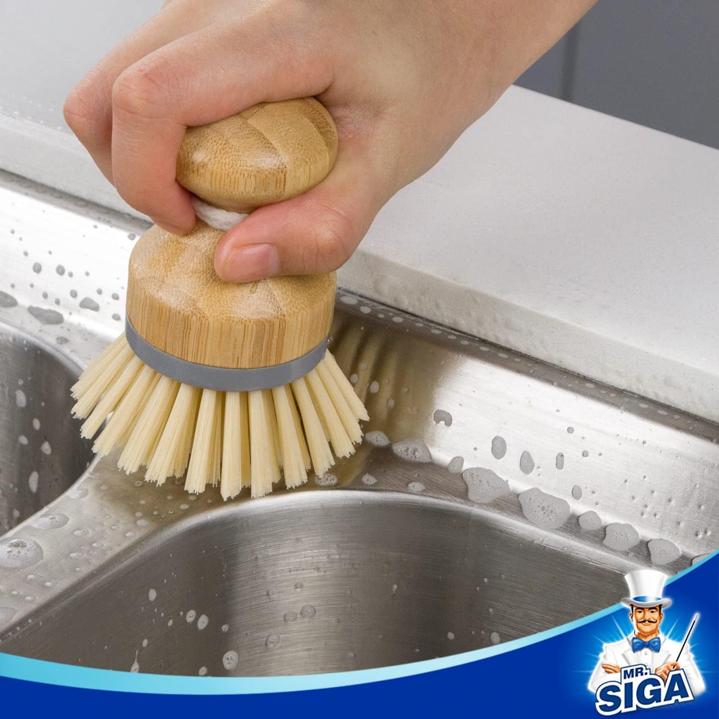 MR.SIGA Bamboo Palm Brush – Neutral Gray Scrub Brush for Clutter-Free Bathroom Counters, Surface Cleaning