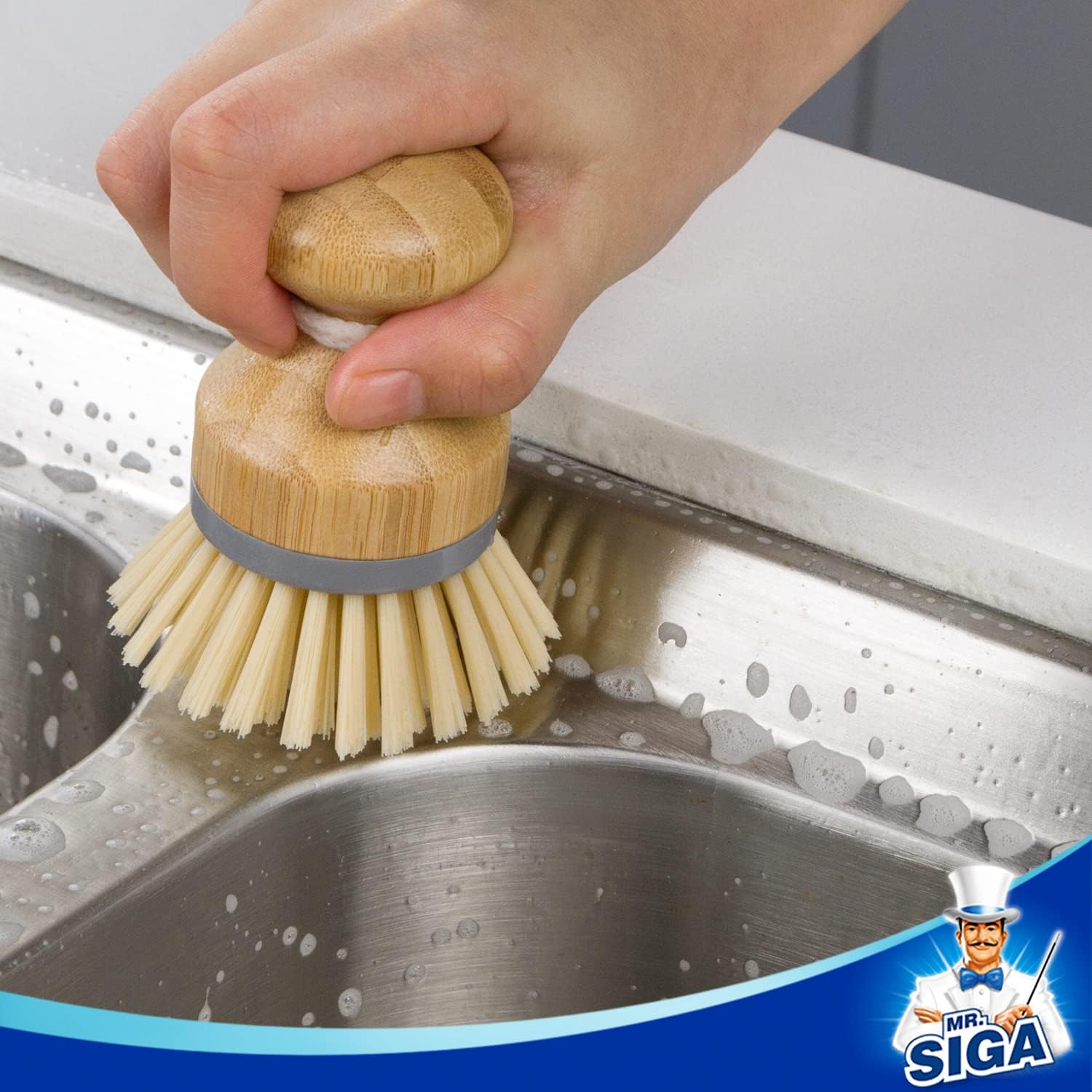 MR.SIGA Bamboo Palm Brush – Neutral Gray Scrub Brush for Clutter-Free Bathroom Counters, Surface Cleaning