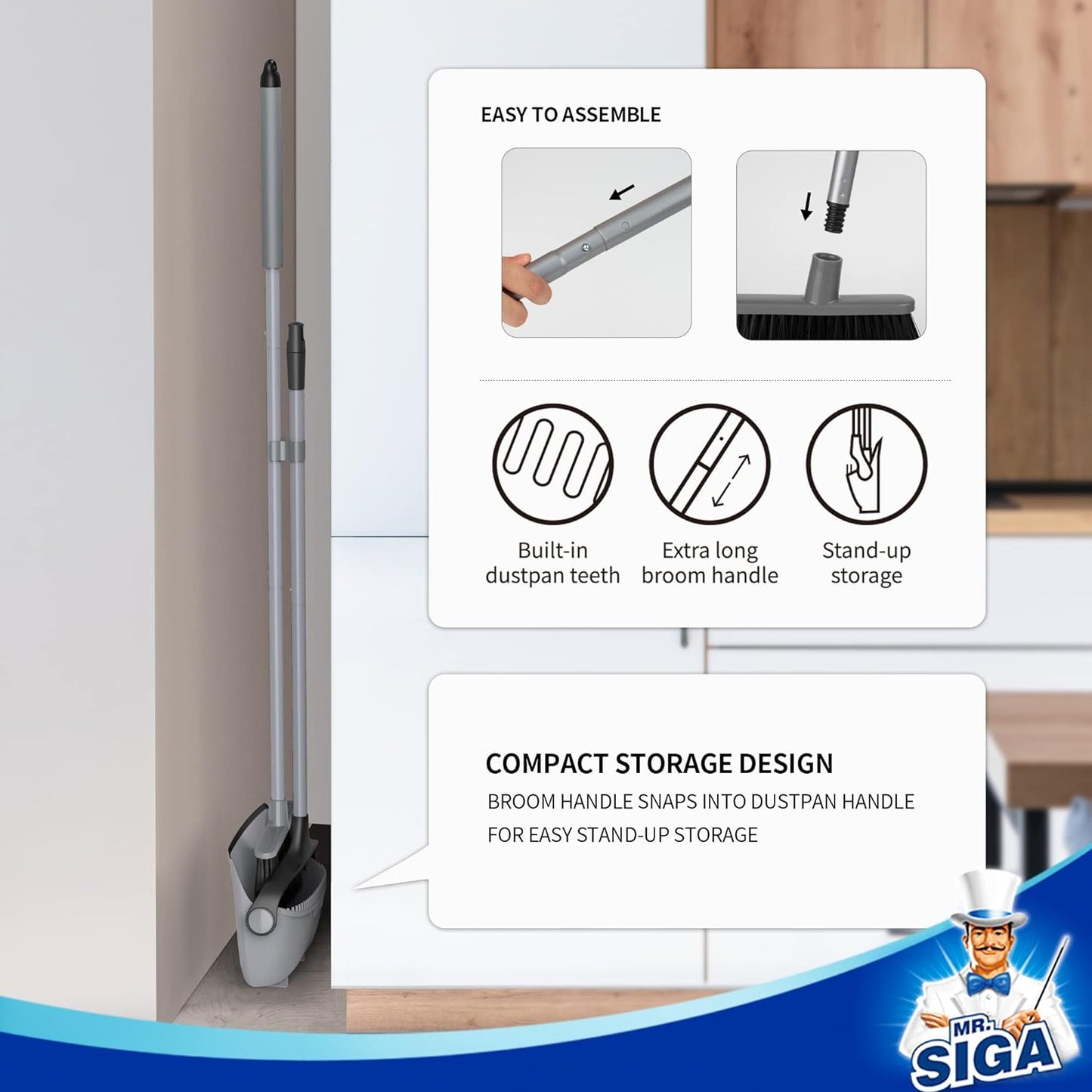 MR.SIGA Broom and Dustpan Set with Adjustable Long Handle, Stand-Up Sweeper to Reduce Bending and Back Strain, Gray