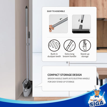 MR.SIGA Broom and Dustpan Set with Adjustable Long Handle, Stand-Up Sweeper to Reduce Bending and Back Strain, Gray