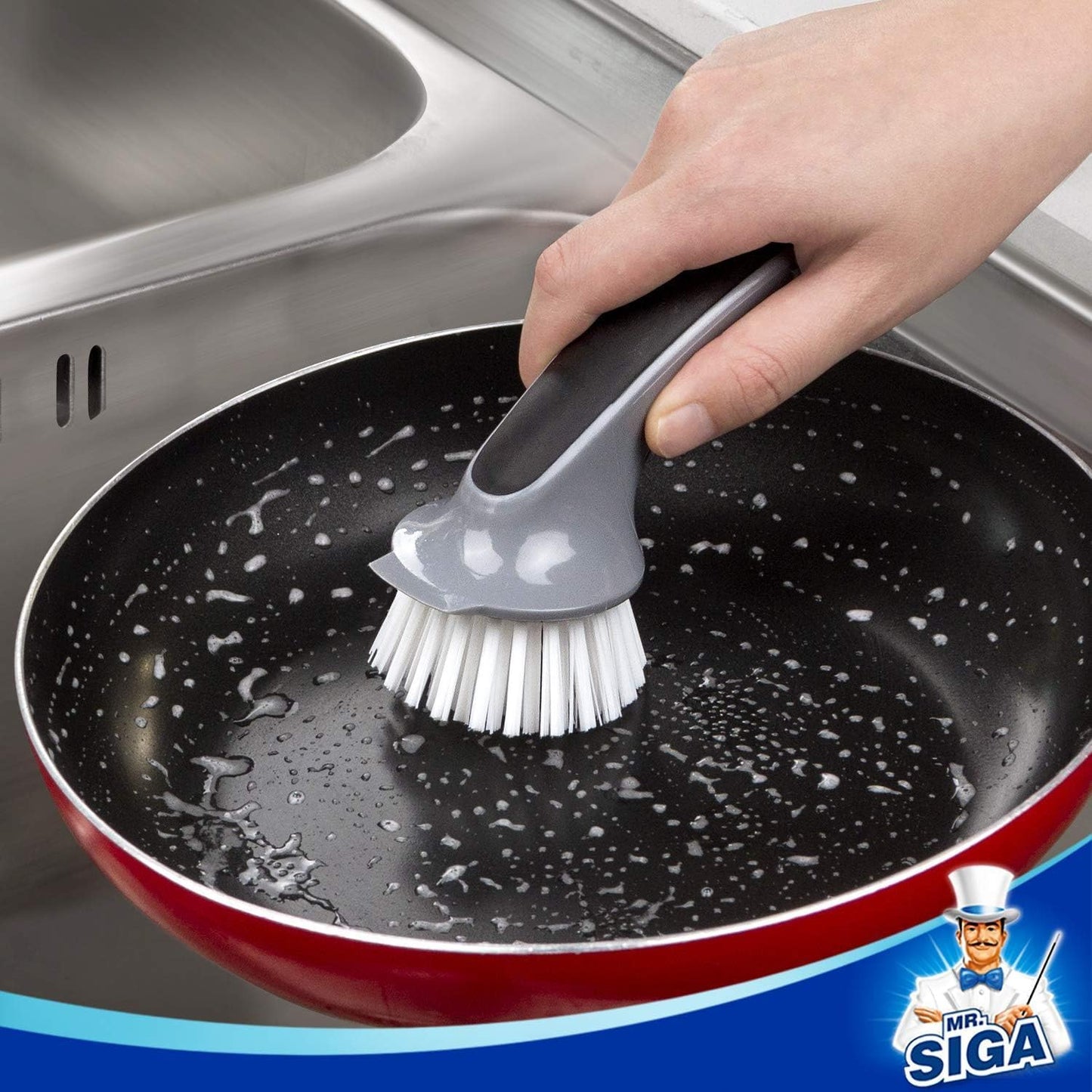MR.SIGA Dish Brush 2-Pack for Pots and Pans, Ergonomic Non-Slip Handle for Fast Dishwashing, Stuck-On Food Removal