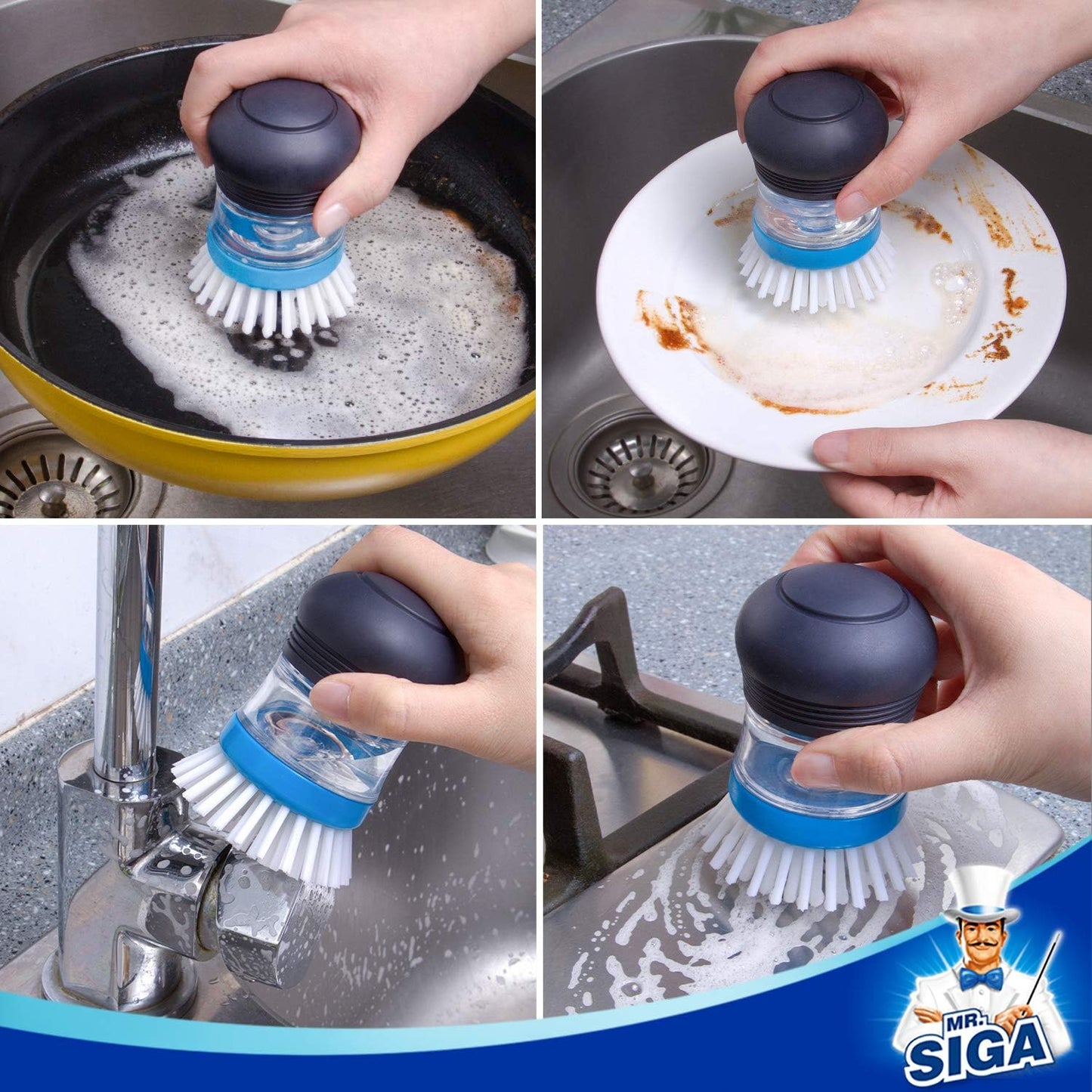 MR.SIGA Push-Button Dish Brush – Faster Dishwashing Setup for Busy Home Cooks