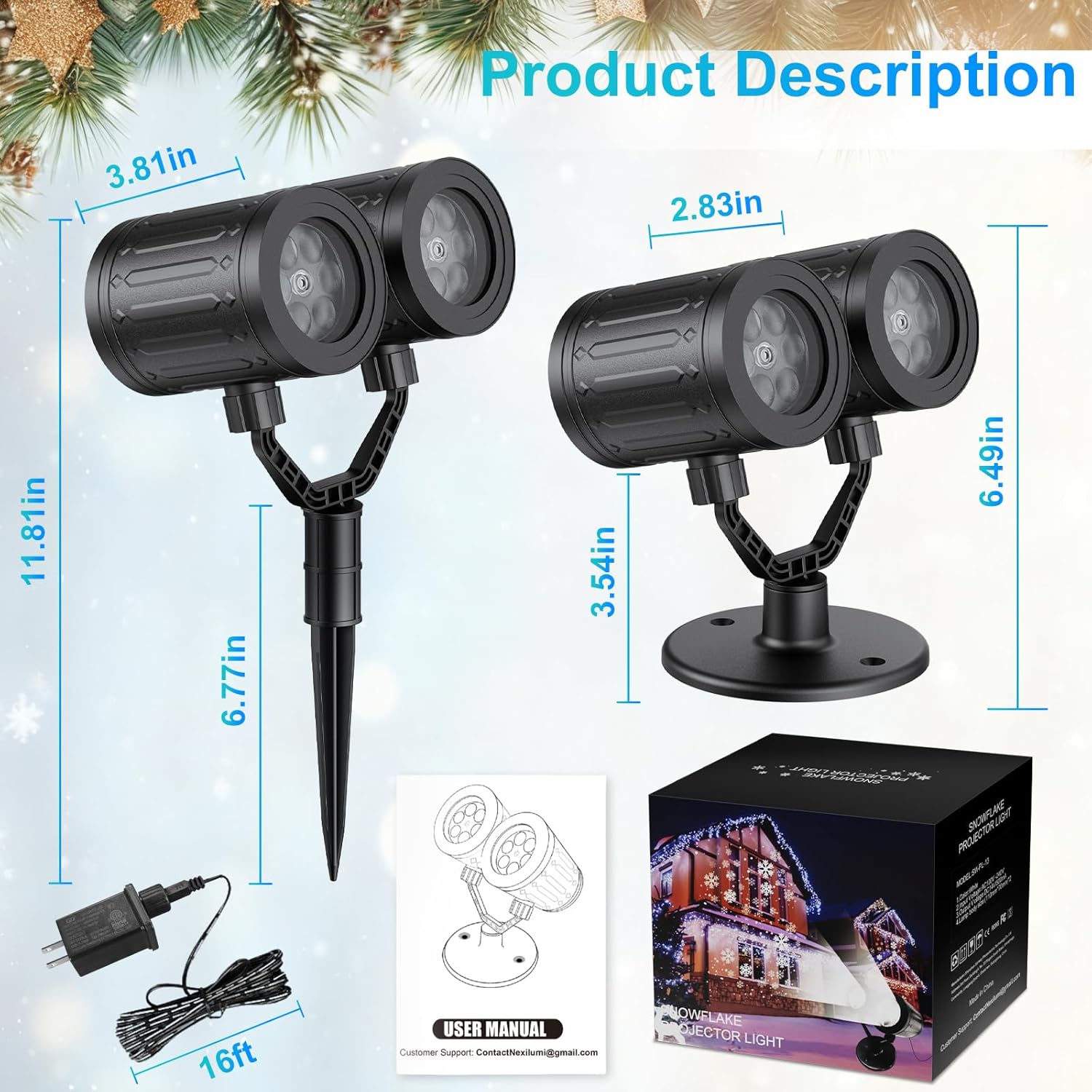 MuliVid Double-Head Snowfall Projector – Portable Outdoor Christmas Light for Camping, Backyard Parties, and Patio Ambiance