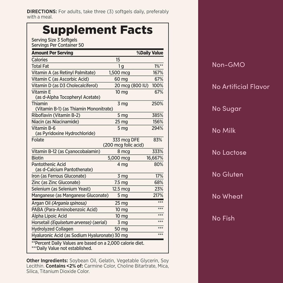 multi-nutrient profile including niacin, b-6, b-12, iron, and zinc for whole-beauty support