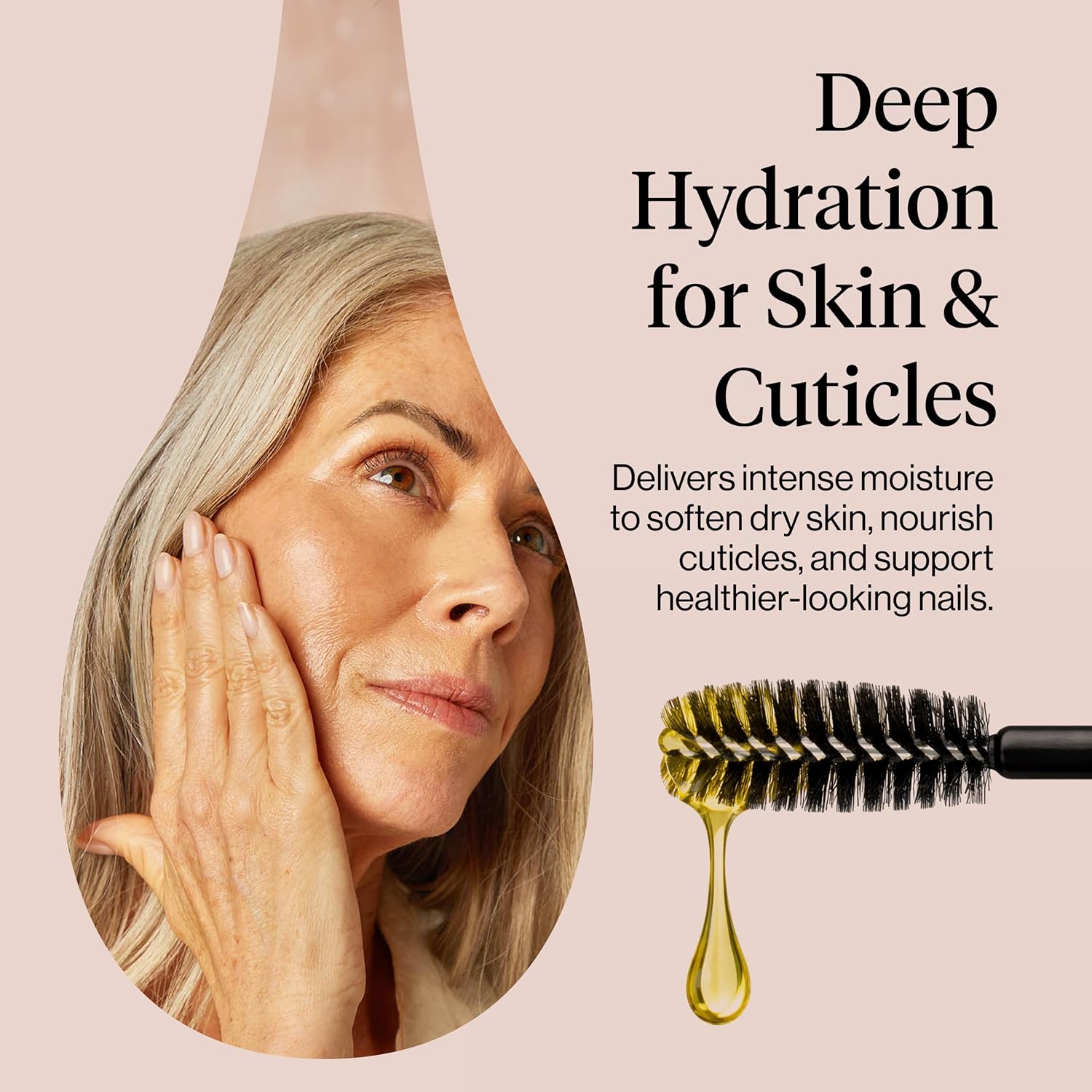 multi-purpose formula usable on hair, scalp, lashes, brows, face, cuticles, nails, and skin