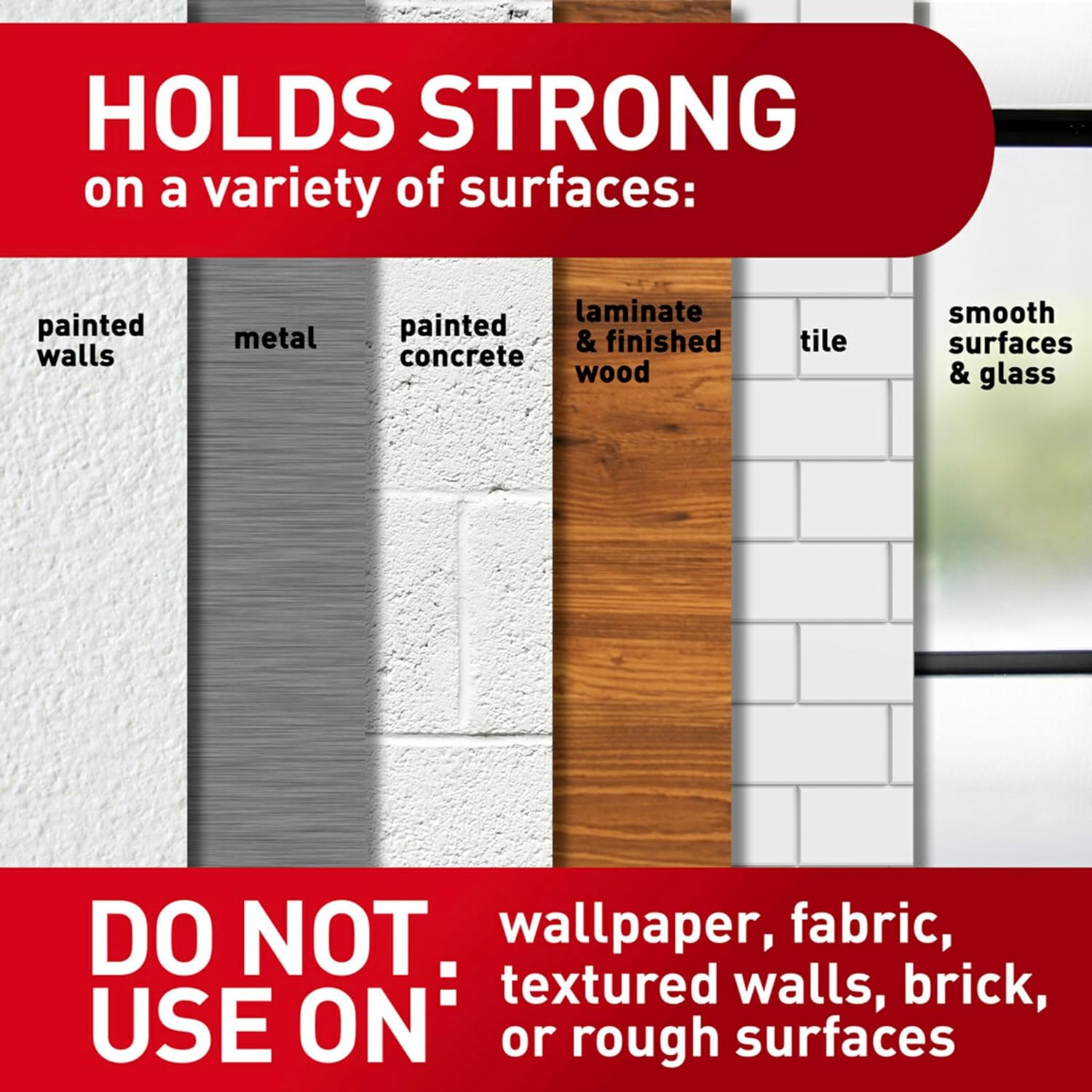 multi-surface compatibility including painted drywall, finished wood, glass, metal, tile, and laminate