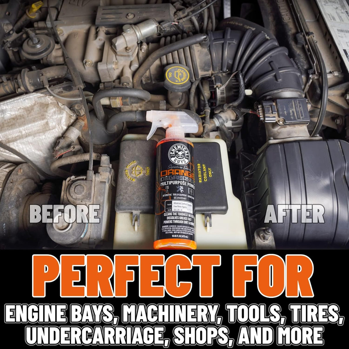 multi-surface compatibility with engines, wheels, tires, undercarriages, brakes, calipers, tools, and shop equipment