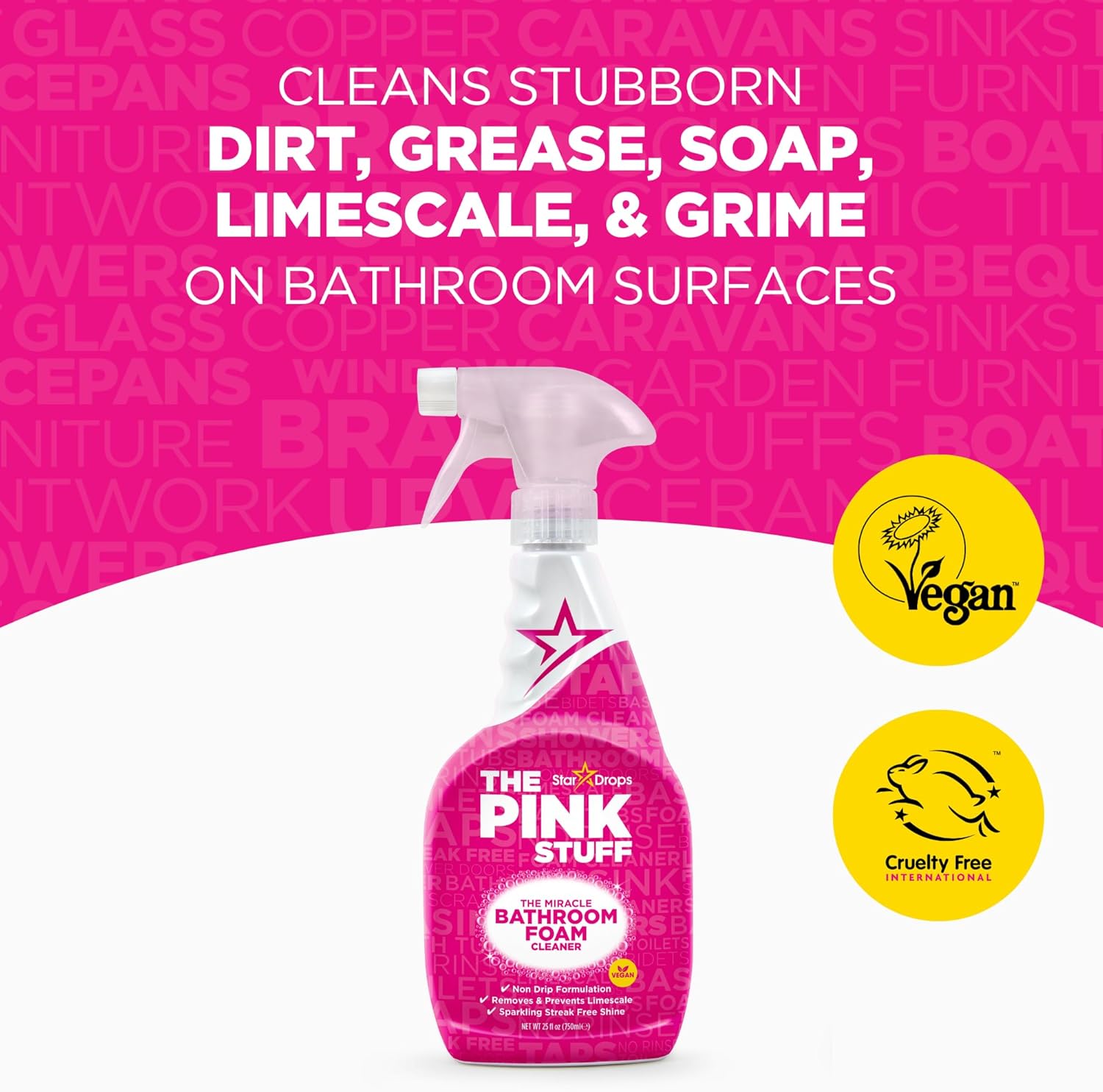 multi-surface formula safe for tiles, porcelain, glass, chrome, and stainless steel