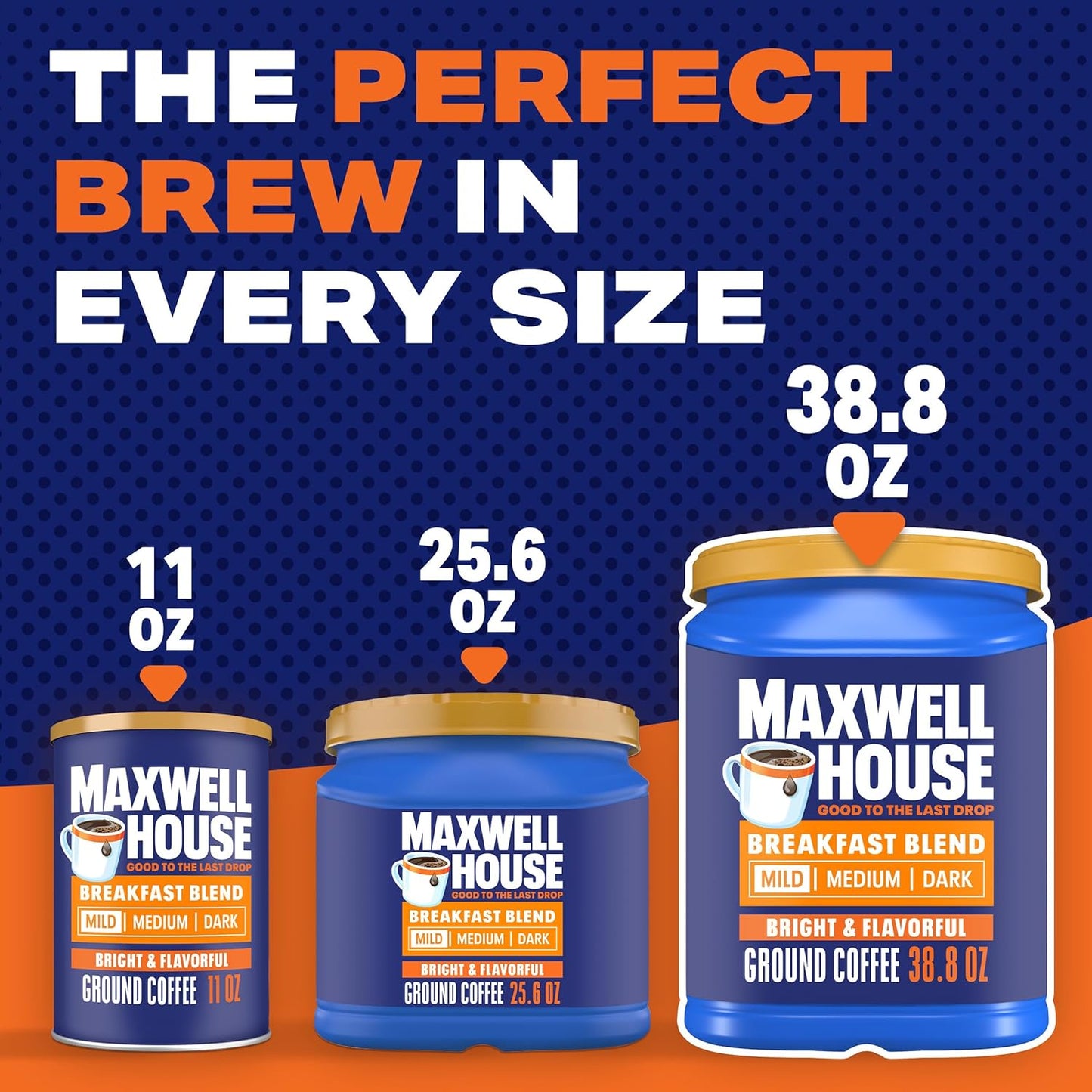 multiple formats including 1 oz singles, 8–38.8 oz canisters, multi-packs up to 12, and 180-count k-cup compatible pods