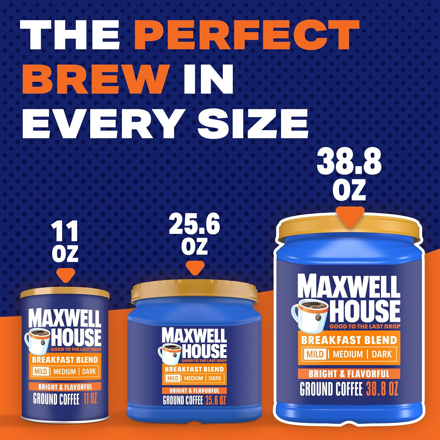 multiple formats including 1 oz singles, 8–38.8 oz canisters, multi-packs up to 12, and 180-count k-cup compatible pods