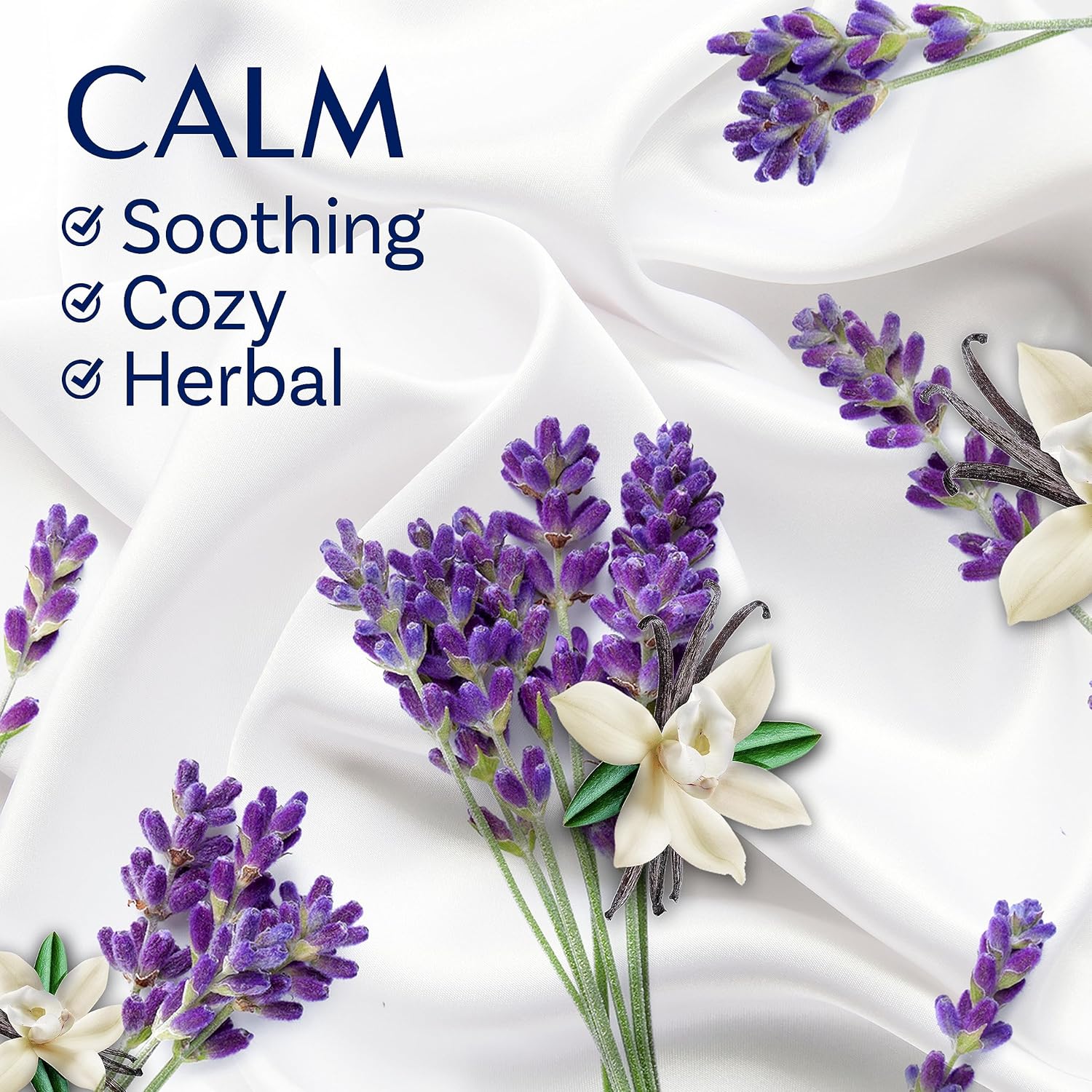multiple scent variants across the line: lavender & vanilla bean (calm), sparkling amber & rose, and rose