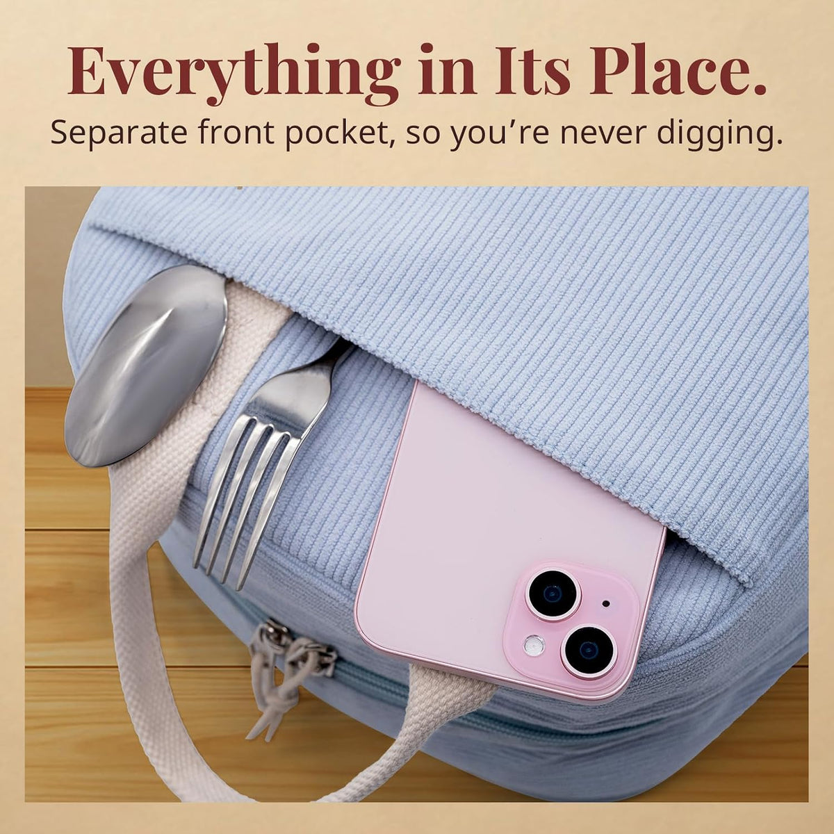 multiple storage pockets including front zipper and side compartments