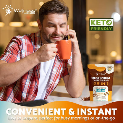 Mushroom Coffee Organic Instant – Deep Work Focus Boost for Home Office with 25-in-1 Mushroom Blend