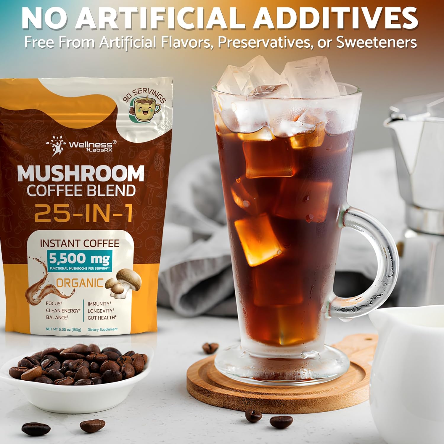 Mushroom Coffee Organic Instant – Deep Work Focus Boost for Home Office with 25-in-1 Mushroom Blend