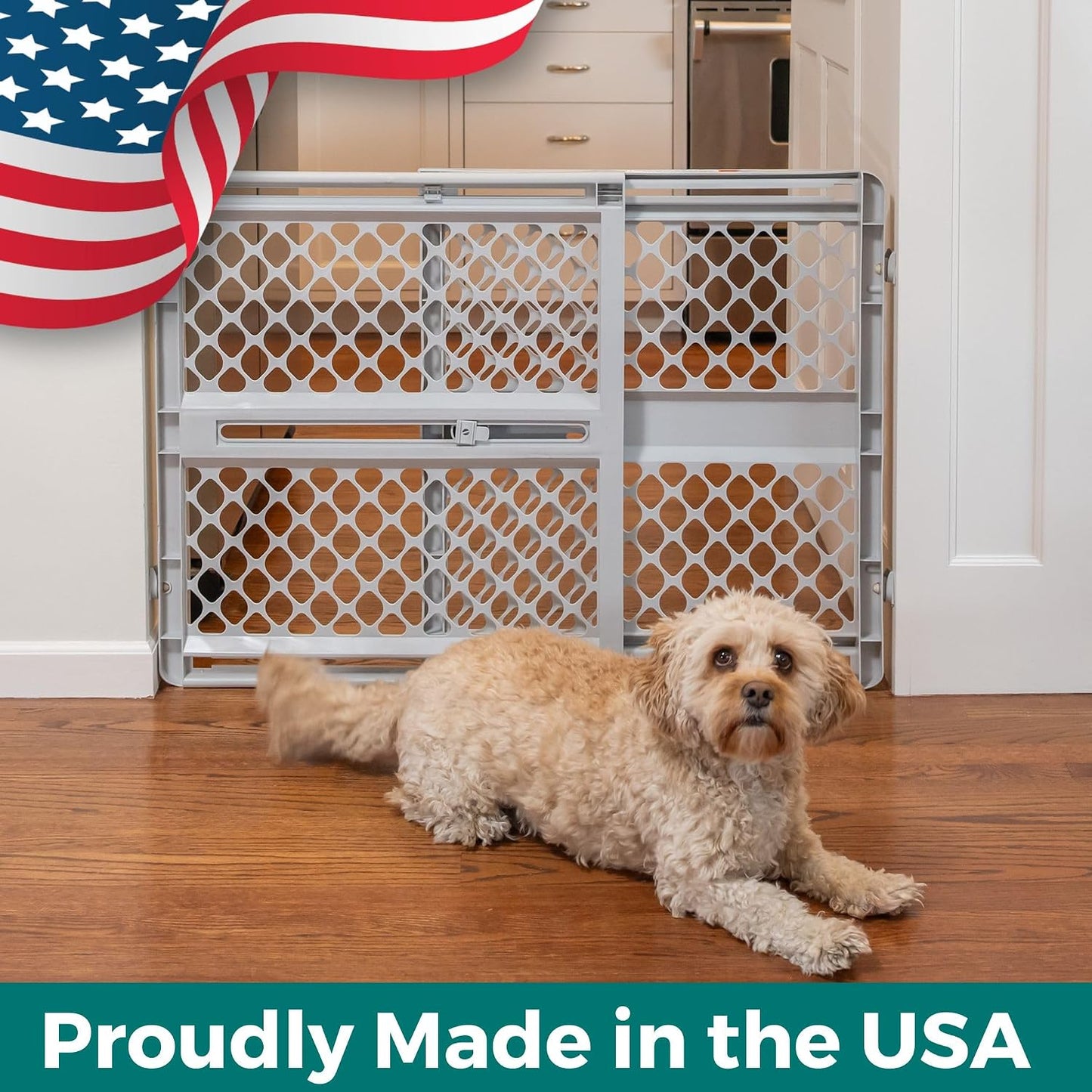MYPET Universal Pet Gate – Stylish Gray Pet Barrier That Blends with Modern Living Room Decor, Adjustable 26 to 42 Inches