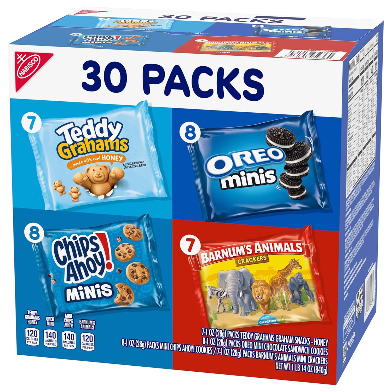Nabisco Team Favorites Variety Pack – Care Package Gift for Kids and Coworkers, 30 Individually Wrapped Mini Snacks of OREO, CHIPS AHOY!, Teddy Grahams & Barnum's