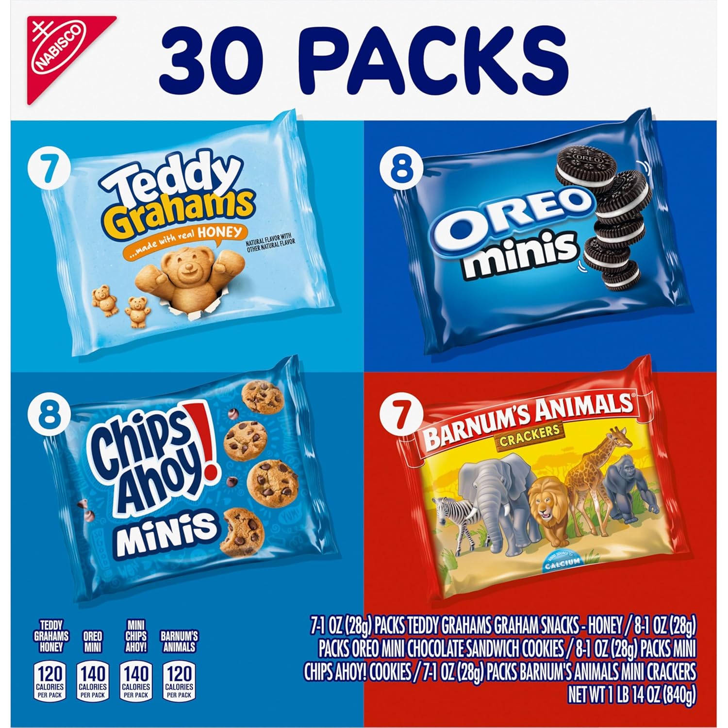 Nabisco Team Favorites Variety Pack – Care Package Gift for Kids and Coworkers, 30 Individually Wrapped Mini Snacks of OREO, CHIPS AHOY!, Teddy Grahams & Barnum's