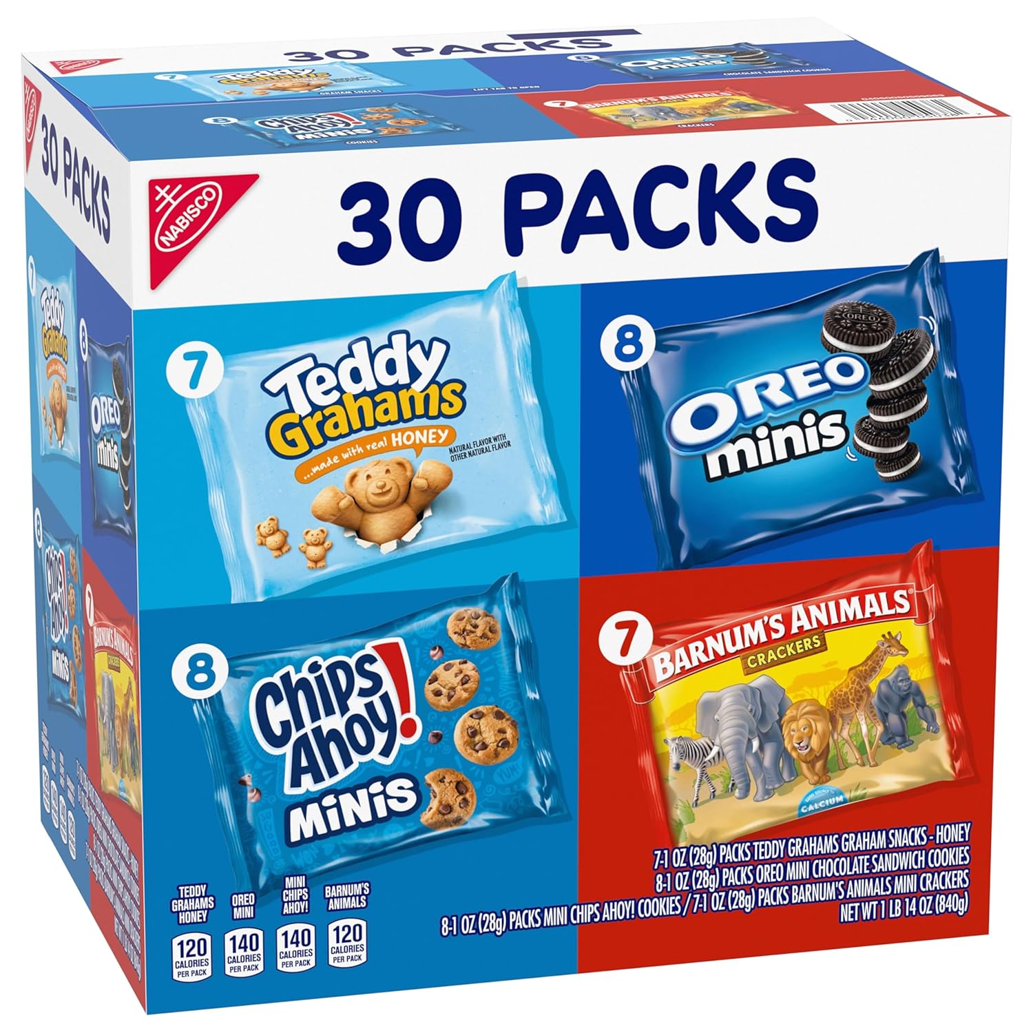 Nabisco Team Favorites Variety Pack – Kids School Lunchbox Snacks, 30 Individually Wrapped Mini Packs of OREO, CHIPS AHOY!, Teddy Grahams & Barnum's