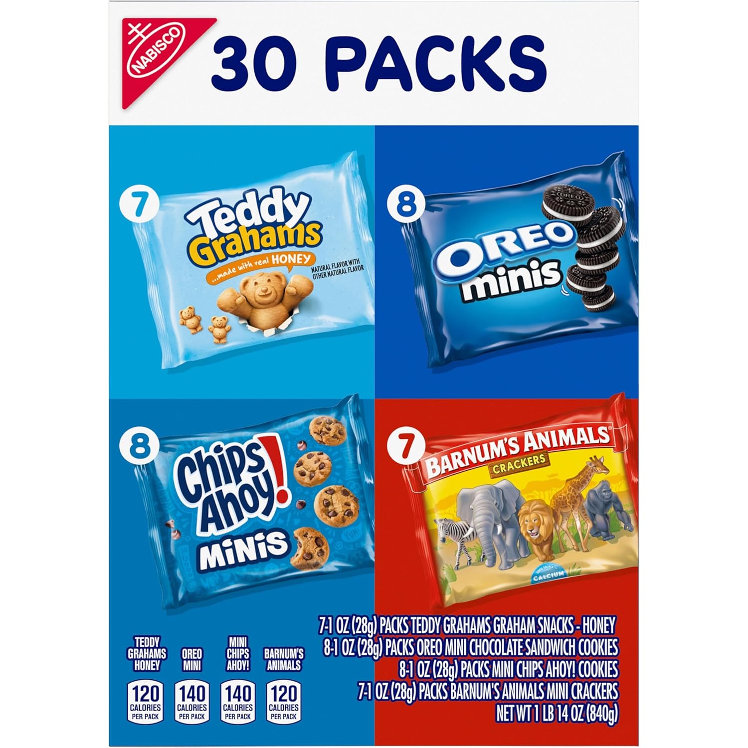 Nabisco Team Favorites Variety Pack – Kids School Lunchbox Snacks, 30 Individually Wrapped Mini Packs of OREO, CHIPS AHOY!, Teddy Grahams & Barnum's