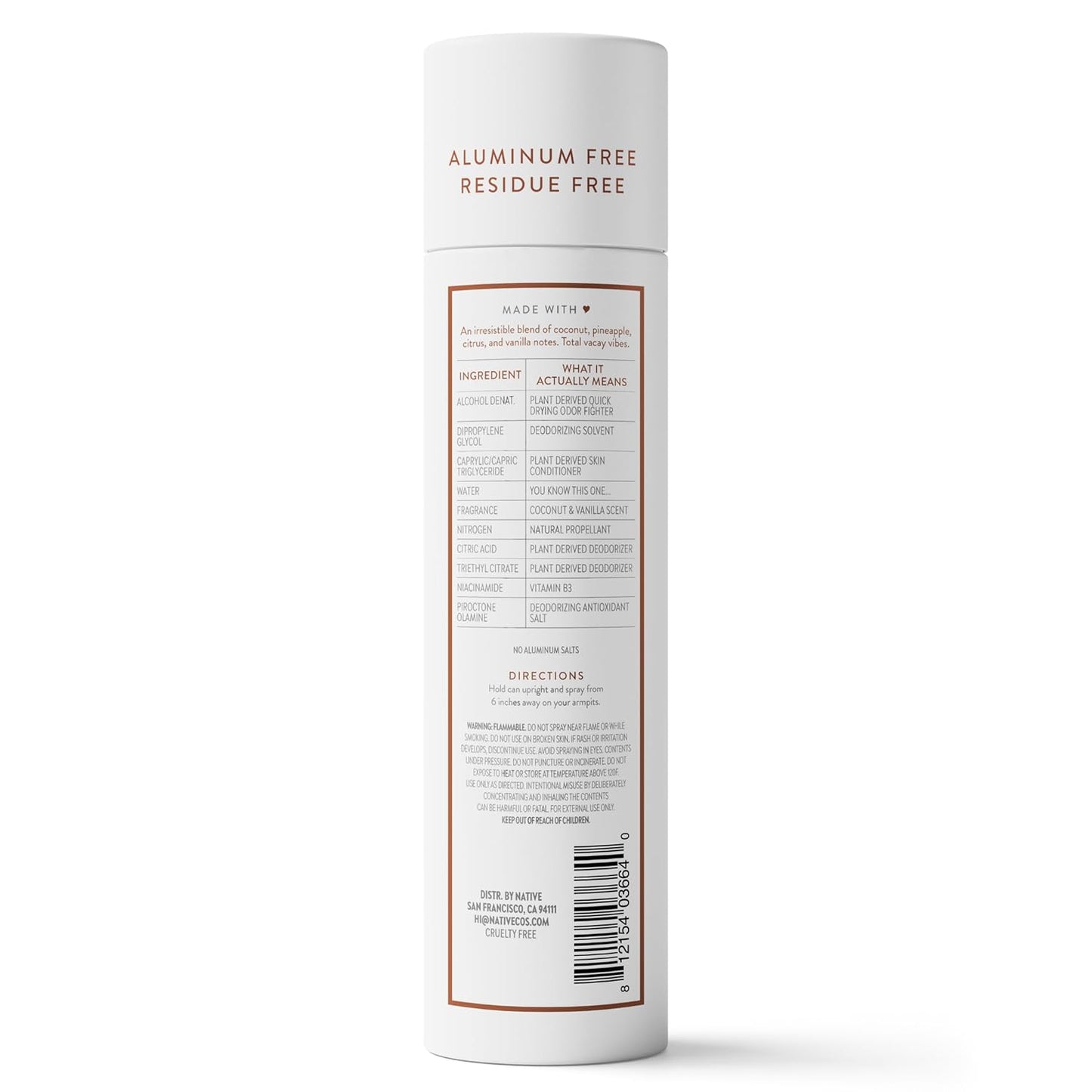 Native Deodorant & Body Spray Coconut & Vanilla, TSA Approved 3.5 oz Aluminum Free Deodorant for Travel, Camping, and Patio Days