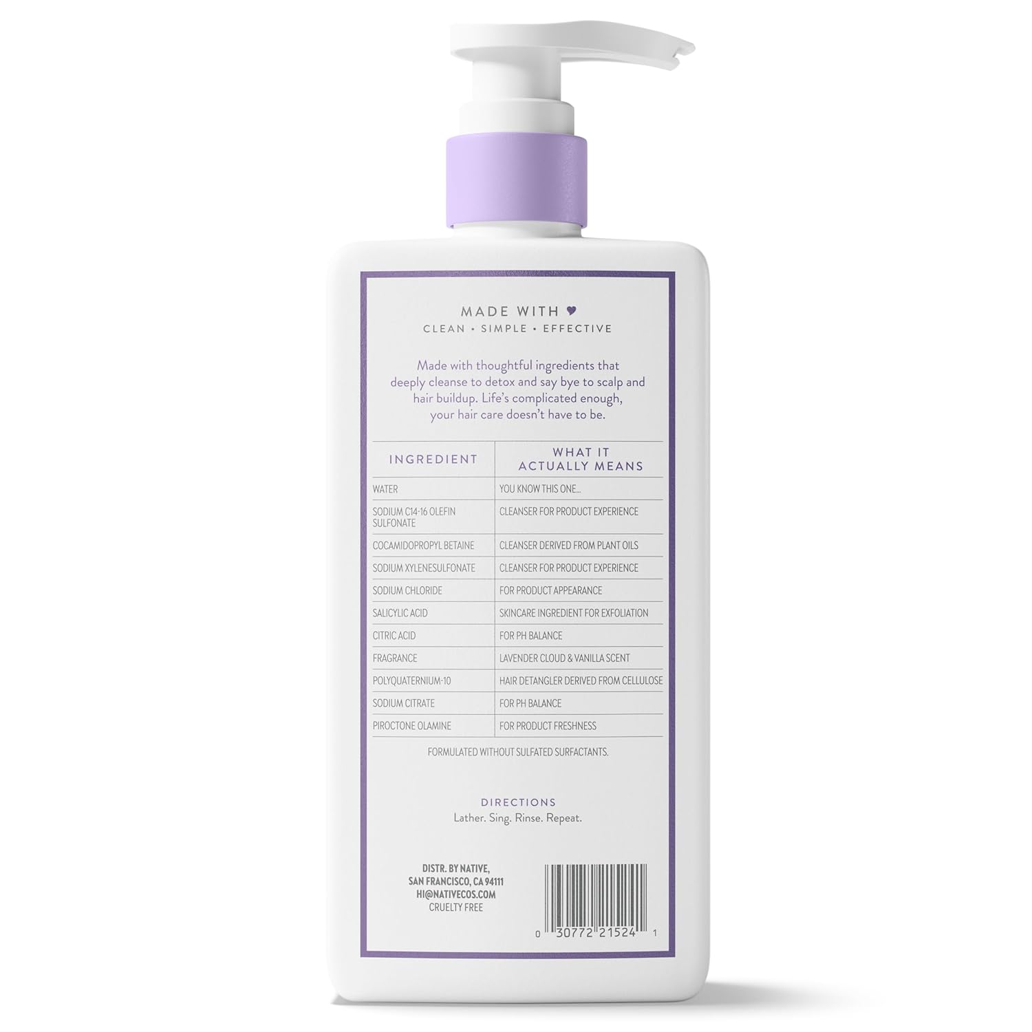 Native Scalp Detox Shampoo Lavender Cloud & Vanilla 16.5 fl oz – Calming Scent Blend for Yoga Room & Meditation Self-Care